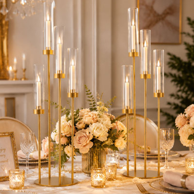 5-Arm Floor Candelabra Set, Metal Taper Candle Holders with Acrylic Shades for Weddings and Home Décor (Set of 2)