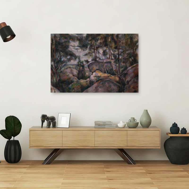 Rochers dans la forêt, estampe d'art mural contemporain abstrait impressionniste des années 1890 représentant un paysage forestier.