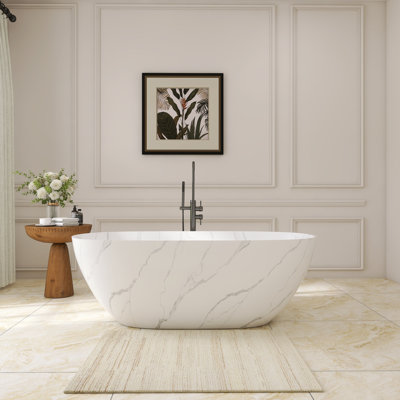 63" x 29" Freestanding Solid Surface Soaking Bathtub, White with Grey Marble Veining, Oval Freestanding Tub for Bathroom