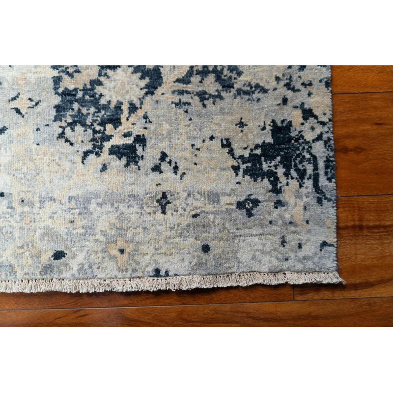Tapis en laine noué à la main 8 pi x 9 pi 11 po | Tapis de jardin architectural moderne | Tapis transitionnel gris marine | Grand tapis de style fin
