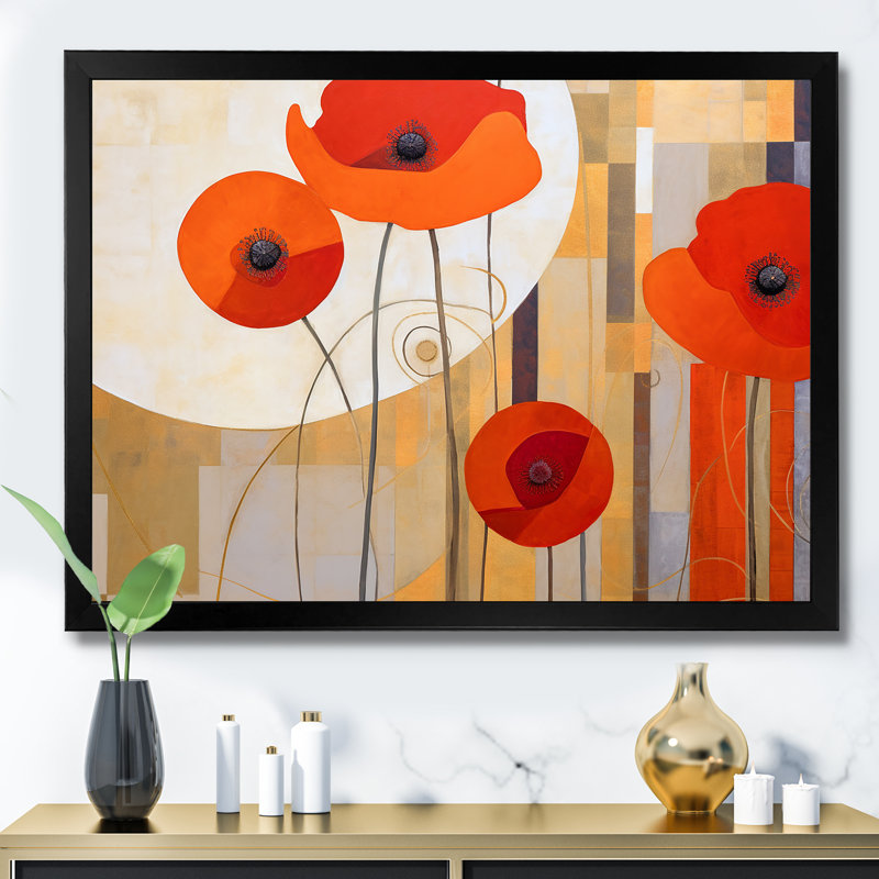 " Bold Orange Cubic Flowers ", 34" H x 44" W x 1.5" D, Black Single Picture Framed