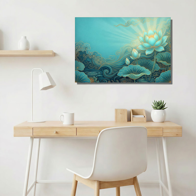 Toile de lotus bleu sarcelle avec tourbillons dorés, art mural, 12"H x 18"W