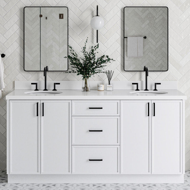 ARIEL Kelly 73 Double Sink Bathroom Vanity with Pure Quartz Top, White, Oval, Pure White Quartz