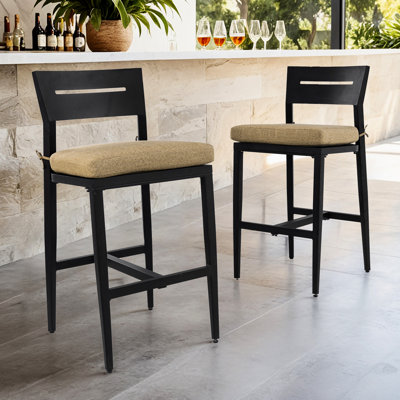 2pc Outdoor Aluminum Bar Stools, Modern Style, Tapered Legs, Footrest, Ergonomic , Ember Black, Cushion For Kitchen Island Weather- Poolside And