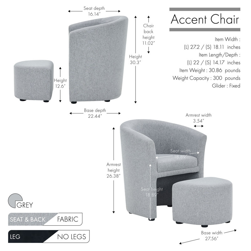 Fauteuil d'appoint rembourré en tissu avec repose-pieds Adela, Mélange de polyester gris