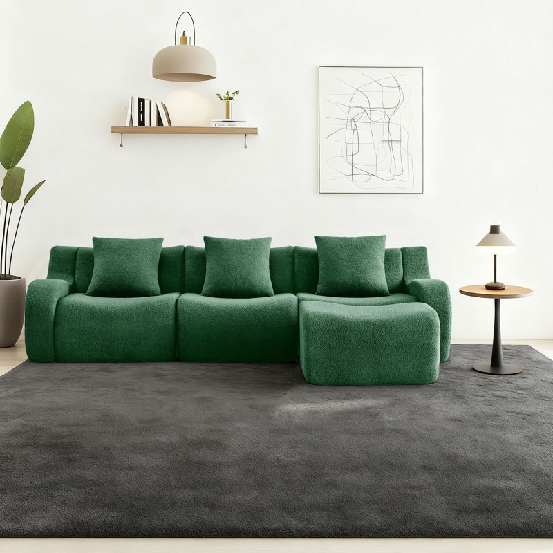 Canapé modulaire rembourré 3 places avec repose-pieds, Ours en peluche vert, H 35,43 po x l 115,33 po x P 65,73 po
