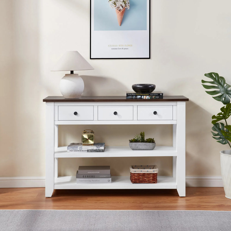 Console au design rétro, canapé d'appoint en bois de pin massif de 44 po avec 3 tiroirs et 2 tablettes ouvertes, capacité de 220 lb pour le salon d'entrée