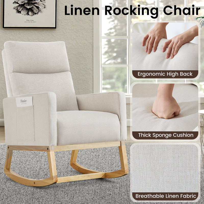 Linen Fabric+ Manufactured Wood Rocking Chair, White, Natural