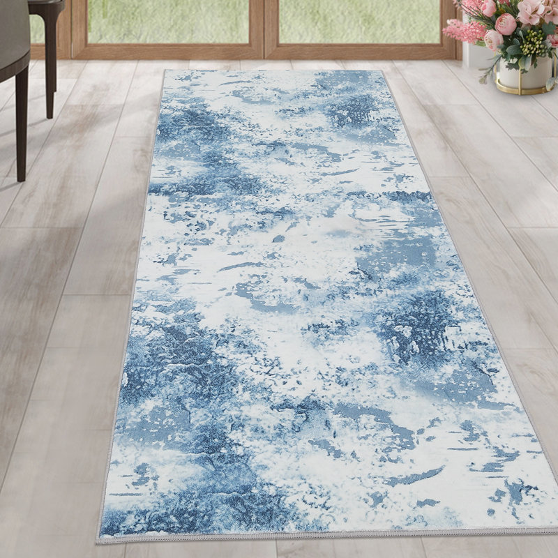 Washable Area Rug, Modern Abstract Low Pile Non Slip Foldable Pearl Velvet Indoor Carpet, Mark Resistant, Blue Tone, 2'x6'