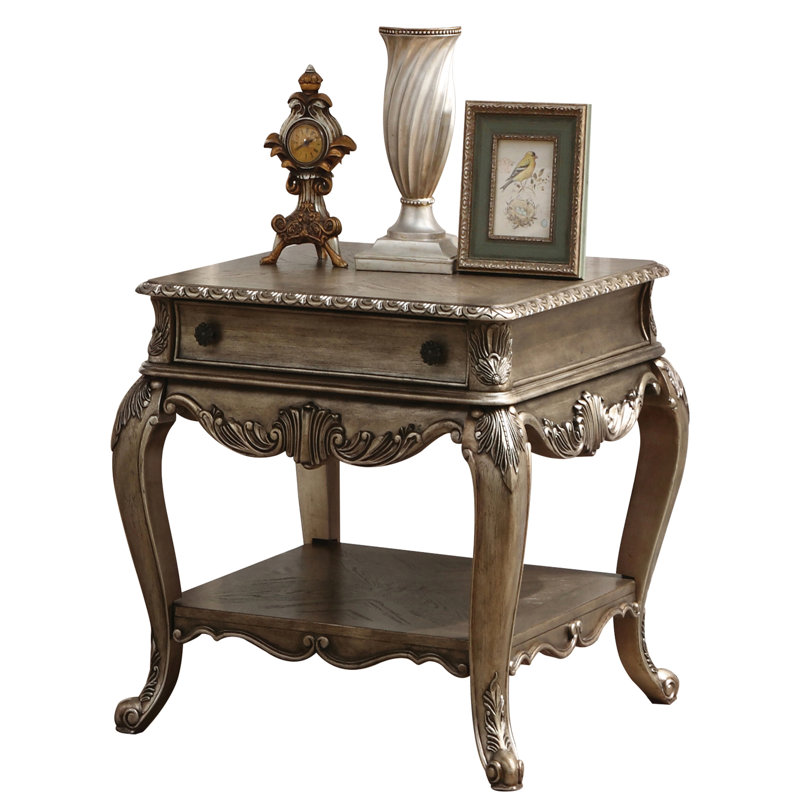 Table basse élégante en chêne rétro avec tiroir intérieur protégé et tablette de rangement rectangulaire