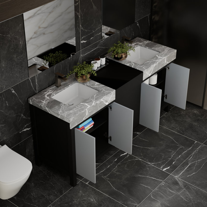 Meuble-lavabo de 72 po Lexora Zilara en noir et gris avec plateau et miroir