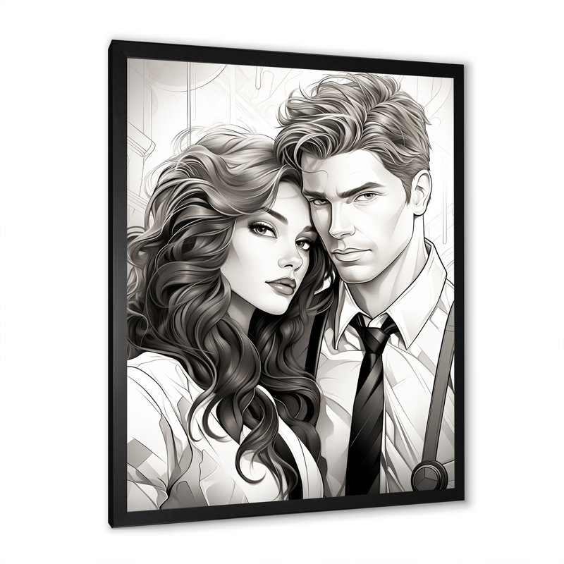 Couple Portrait Bd Illustration - Portrait romantique, art mural, Cadre simple noir, H 32 po x l 24 po x P 1 po