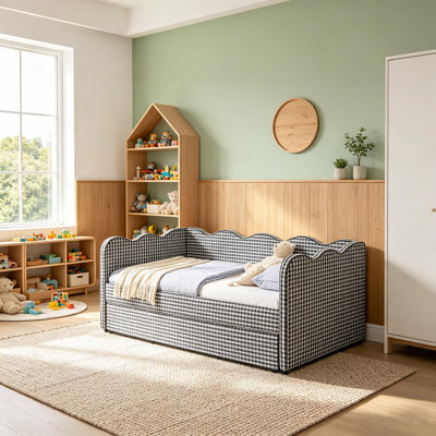 Lit de jour simple avec lit gigogne, canapé-lit rembourré en lin avec port USB, sommier non requis, adorable lit plateforme en forme de vague pour chambre d'enfant, chambre d'amis, petits appartements, noir.