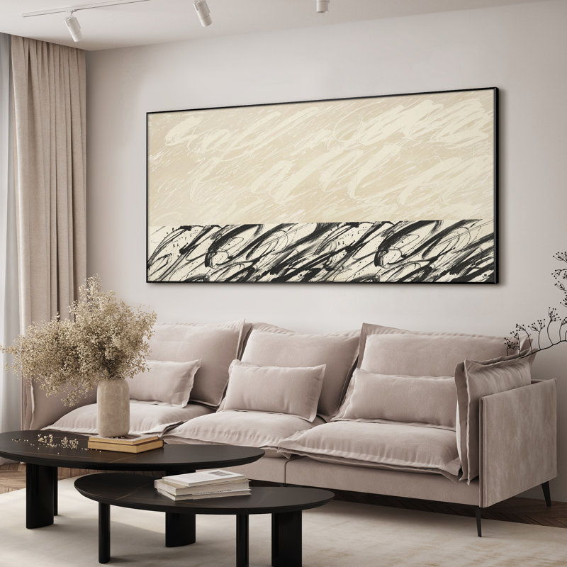 Très grande reproduction d'art moderne abstrait calligraphie moderne - noir et beige d'inspiration script d'inspiration contemporaine, décor neutre pour le salon ou la chambre à coucher, assemblage requis