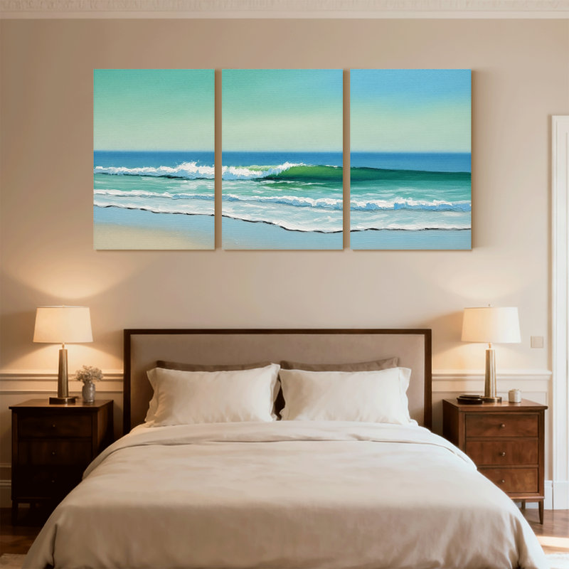 Nautique et plage, vagues de l'océan, ciel, sable, eau, horizon, bleu, ensemble de 3 impressions sur toile, H 18 po x l 36 po