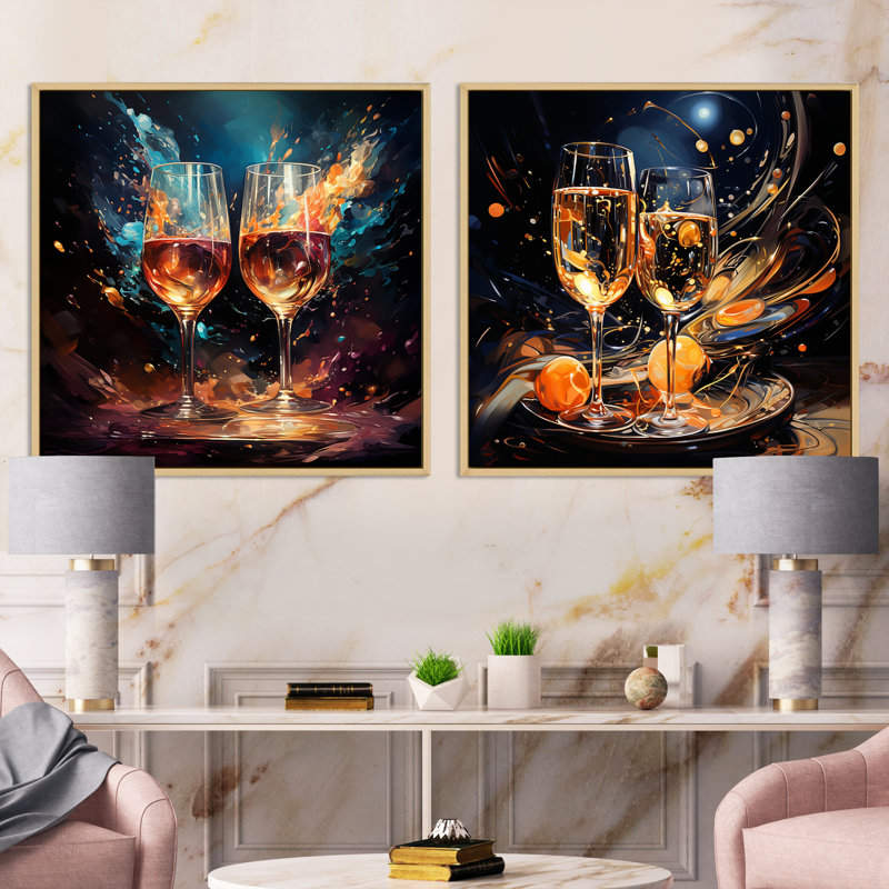 Joyful Bubbles - Ensemble de 2 collages carrés vin et champagne, Cadre flottant brun, H 36 po x l 73 po