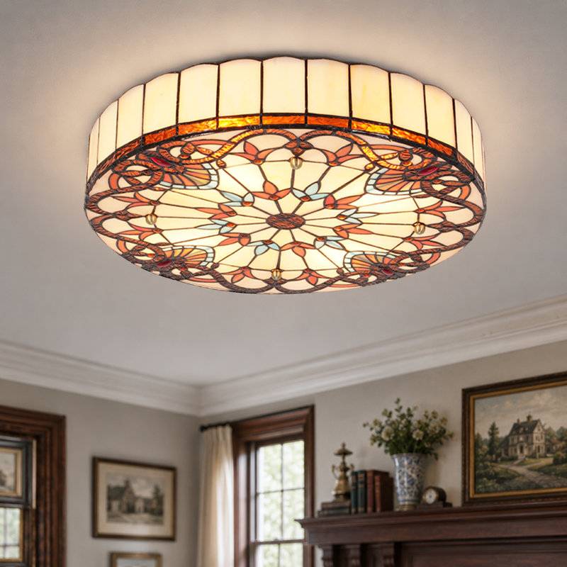 20-inch Vintage Baroque Tiffany Style Ceiling Lamp 4-head Stained Glass Chandelier