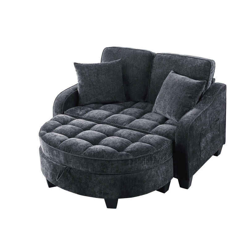 Accent Chair With Storage Semicircular Ottoman, Black