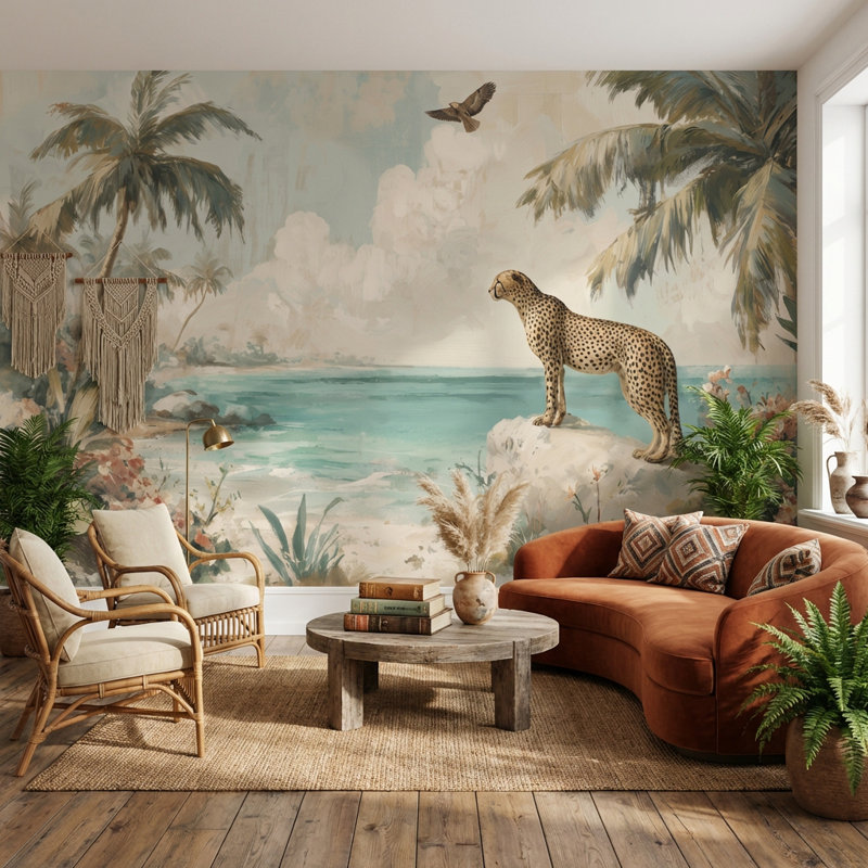 Papier peint tropical avec motif floral guépard, Texturé non collé, 140"x108"