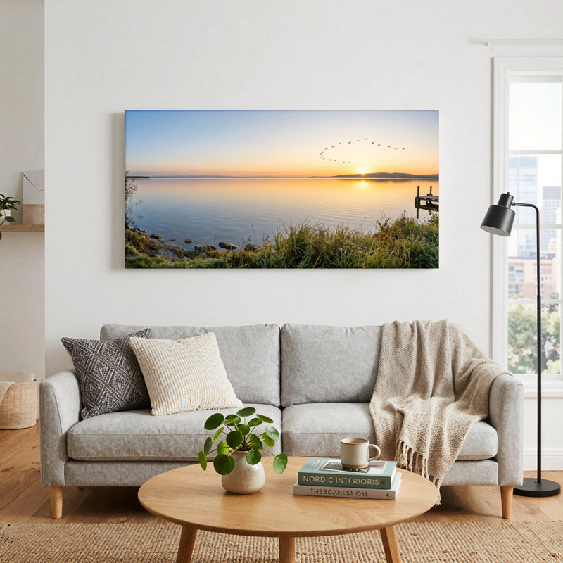 Ensemble de 1 tableau sur toile représentant un coucher de soleil sur un lac, 32“W x 16”H, Wrapped Canvas