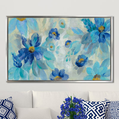 «Blue Flowers Whisper I», reproduction de peinture acrylique sur toile