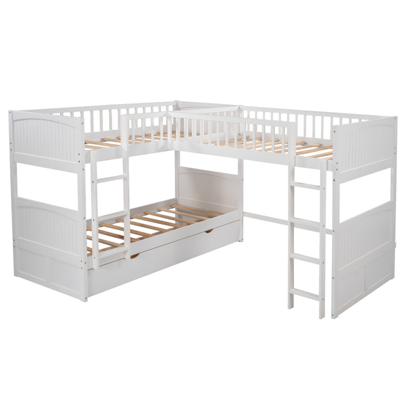 Lit simple superposé avec lit mezzanine attaché et deux tiroirs, Blanc