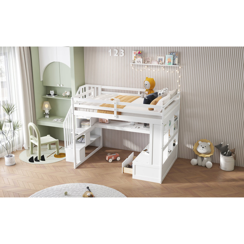 Lit mezzanine avec bureau, tablettes, 2 tiroirs spacieux et escalier de rangement pratique et sécuritaire