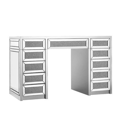 SlayStation Diamond Edition Vanity Table with Crushed Diamond Design, Vanity Desk with 11 Push to Open Drawers and Clear Tempered Glass Top 