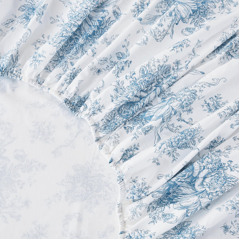 Petit Toile Printed Cotton Percale Sheet Set, California King Sheet Set with 2 King Pillowcases, Blue
