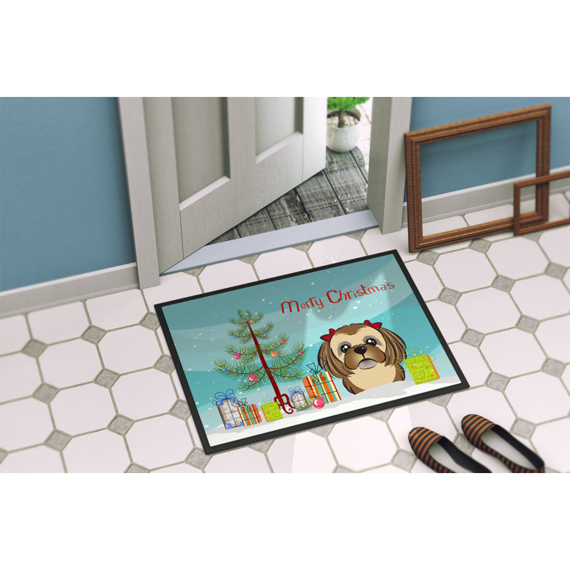 Paillasson d’extérieur antidérapant Margarette arbre de Noël Shih Tzu, Brun chocolat, 1 pi 6 po x 2 pi 3 po