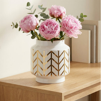 6" Gold Chevron Pattern White Ceramic Vase
