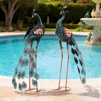 38" Handmade Metal Peacock Garden Statue with Ground Stakes, Retro Peacock Blue(Set of 2)