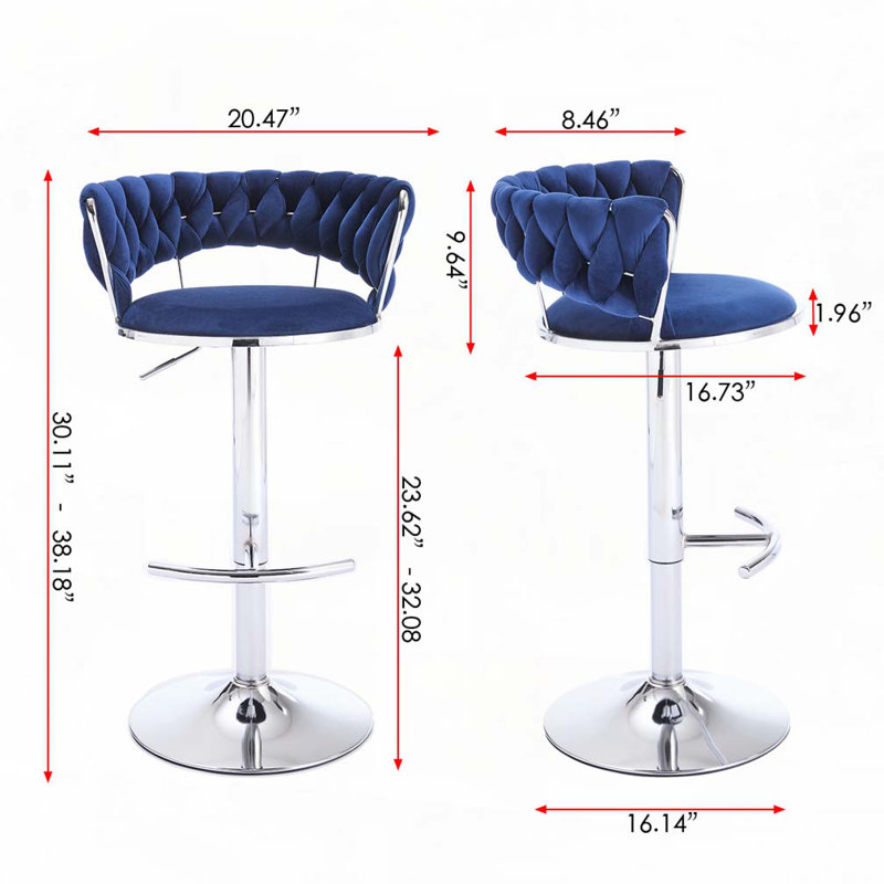 Ensemble de 2 tabourets de bar pivotants réglables avec repose-pieds et base chromés, revêtement en velours et levage mécanique pour une assise confortable