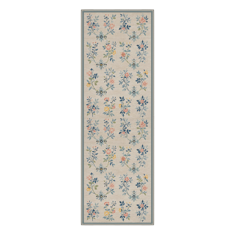 Verdura Floral Machine Washable Beige / Green / Blue Indoor Area Rug with Non-Slip Backing, Runner 2'6" x 8'