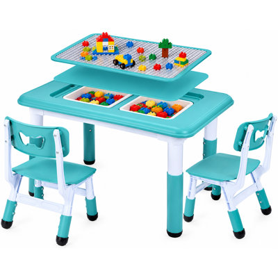 Height Adjustable Kids Table Set with 2 Chairs, Storage & Reversible Top