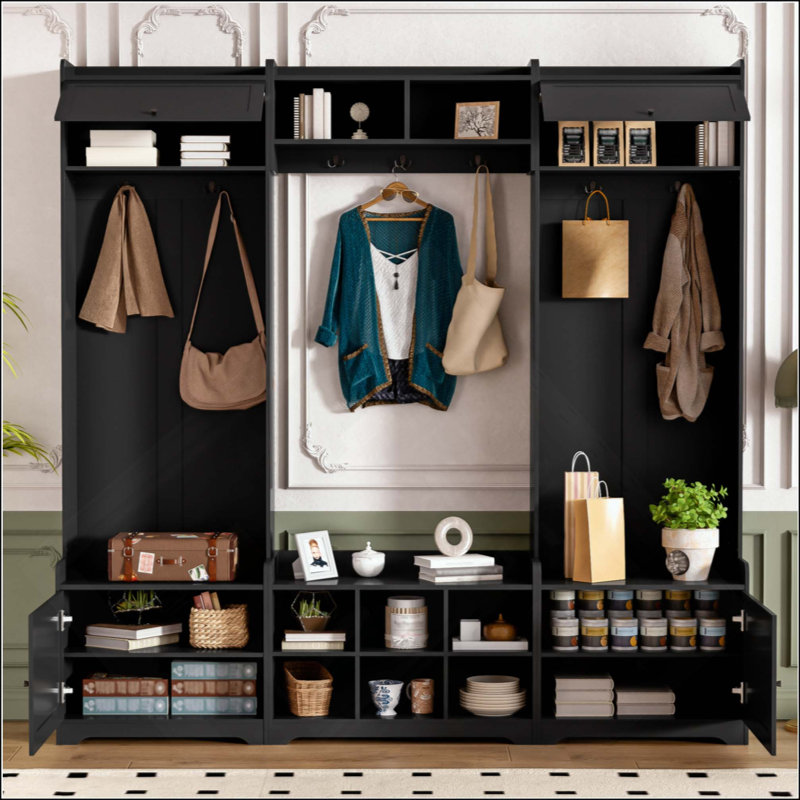 Modern Hall Tree with Storage Cabinets, 4-in-1 Entryway Bench with 7 Coat Hooks & Adjustable Shelves, Multifunctional Entryway Organizer for Hallway Living Room