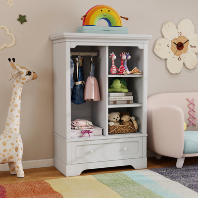 Garde-robe ouverte en bois pour enfants avec tringle, tablettes de rangement et grand tiroir