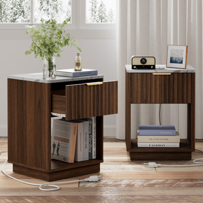 Schaitman 18''W 1-Drawer Nightstand with Open Cubby, Wood Nightstand with Built-In Outlets (Set of 2)