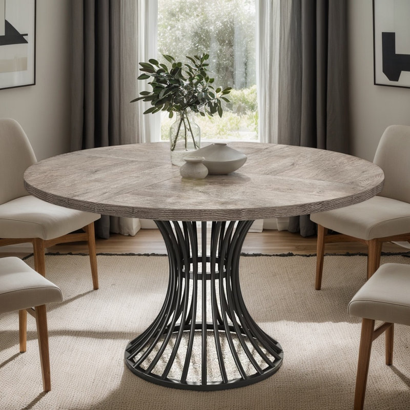 Table de salle à manger ronde de style industriel pour 4 à 6 personnes, table de cuisine de style campagnard avec piètement en métal en forme de sablier