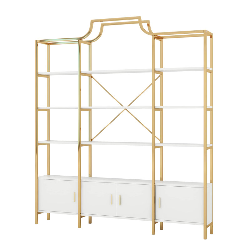 4-Tier Bookcase Modern Open Bookshelf, Display Shelf Storage Organizer With Storage Cabinets & Back X Bar Gold Frame