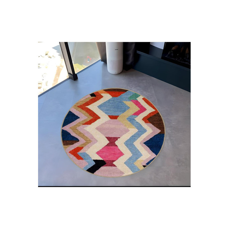 Multi Color Geometric Striped Motif Modern Decorative Machine Washable Area Rug, Round 2'8"