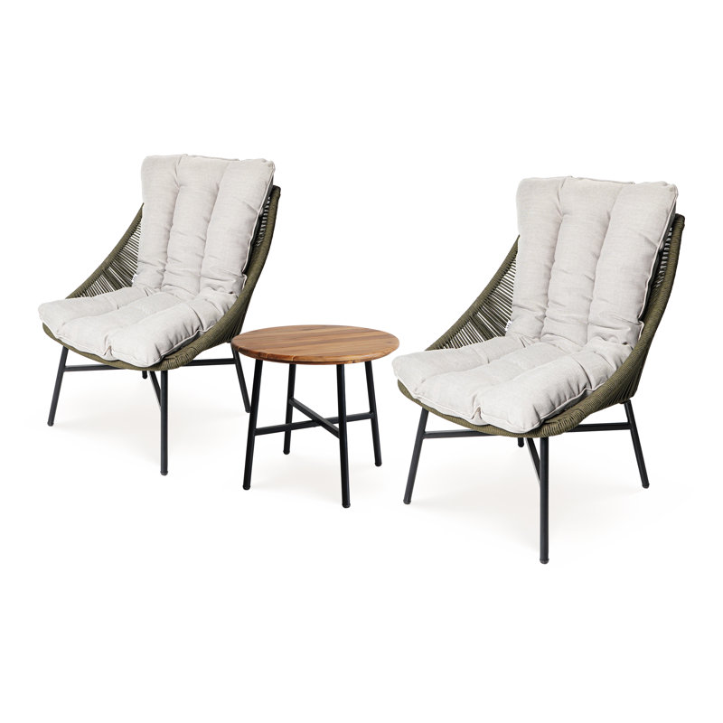 3 Piece Patio Conversation Set With Cushions – Boho Rope Chairs Thick Cushion And Round Wood Top Side Table, Seating Sofa For Garden/backyard/porch