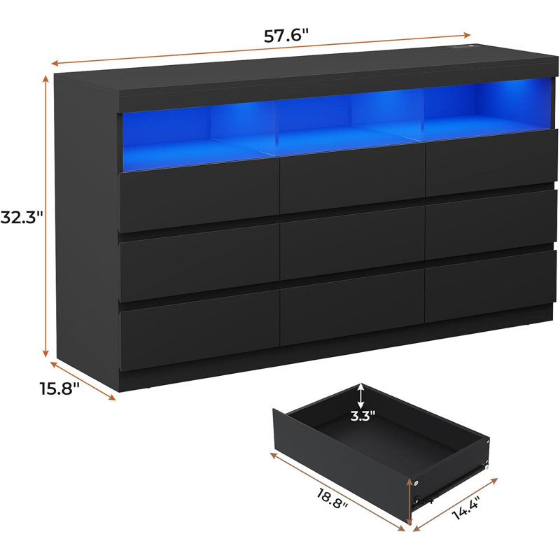 9 Drawer LED Dresser with Charging Station for Bedroom