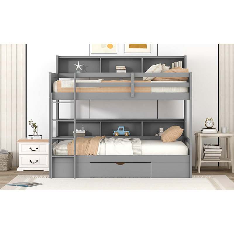 Lit superposé avec tablettes intégrées à côté des lits supérieur et inférieur et tiroir de rangement, Gris