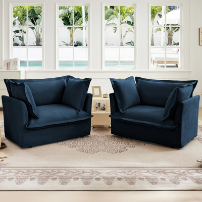 De 2 fauteuils à assise profonde - chenille bleue pour le confort, coussins moelleux, housses amovibles, coussins décoratifs en tissu pour salon, chambre à coucher, lecture, travail