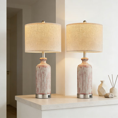 Modern Farmhouse Table Lamps Set Of 2 With USB A+C Charging Ports, 3-Way Dimmable Touch Control, Includes LED Edison Bulbs For Bedroom Nightstand Or Living Room