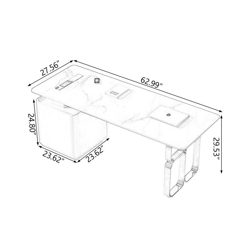 Pierre frittée + bois massif + bois manufacturé + bureaux en acier inoxydable, H 29,53 po x l 62,99 po x P 27,56 po, Gris