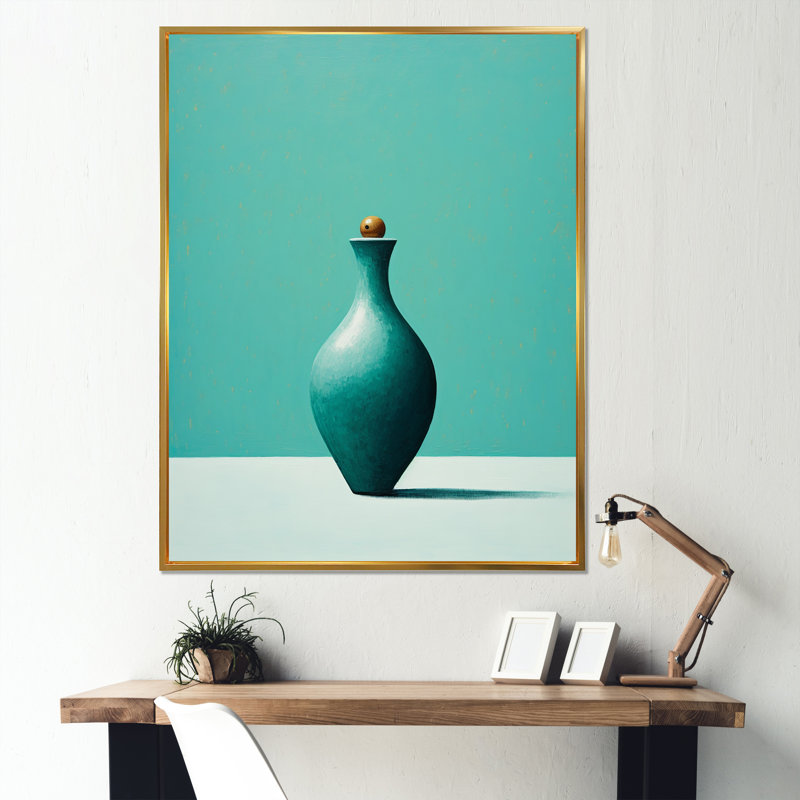 Tenpin turquoise sur toile, Cadre flottant doré, H 40 po x l 30 po x P 1,5 po