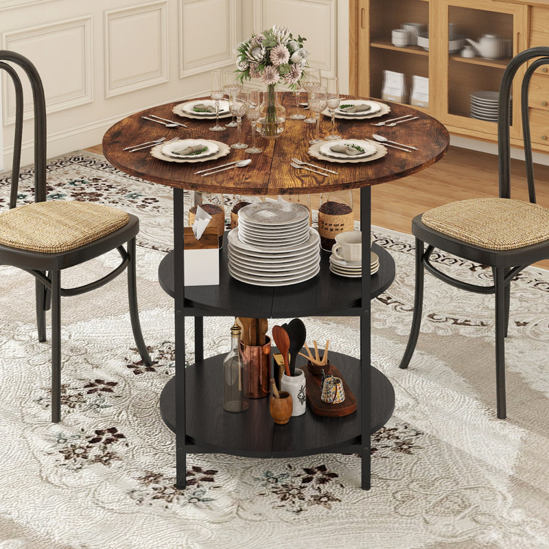80cm Round Dining Table, Industrial Kitchen Desk With Storage Shelf, Space Saving, Brown