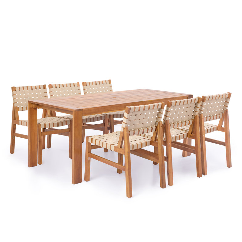 Patio 7-Piece Acacia Wood Dining Set With Slatted Table & Woven Straps, 6, Beige Rope/Teak